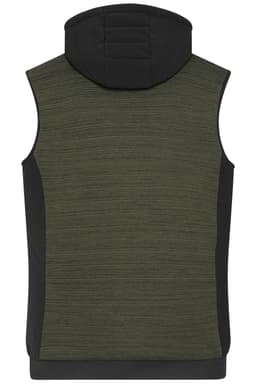 A men's padded hybrid vest in olive green and black, featuring a hood and a textured back design.