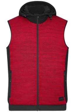 A red padded hybrid vest with a black hood and side pockets, featuring a logo on the front.