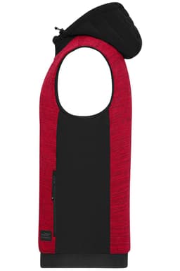 A padded hybrid vest in red and black, featuring a sleeveless design and a hood, with a zippered pocket.