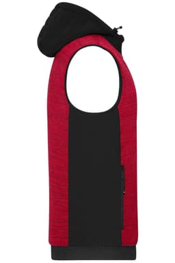 A red and black men's padded hybrid vest with a hood, featuring a side zipper pocket and a logo.