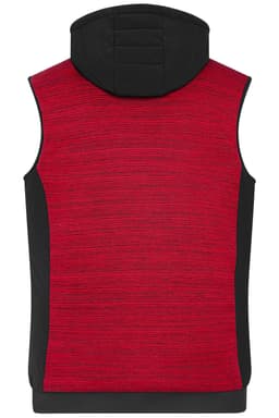 A padded hybrid vest in red and black, featuring a hood and a textured back design. It has a logo on the front.