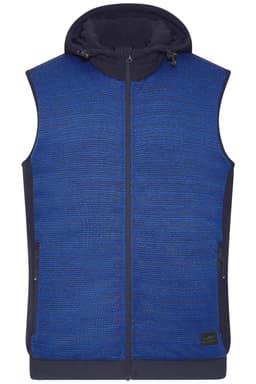 A blue padded hybrid vest with a hood, featuring a zip front and side pockets. It has a logo on the front.