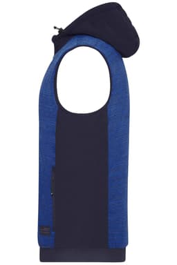 A padded hybrid vest featuring a navy blue and patterned design, with a hood and a zippered pocket.