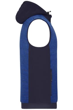 A padded hybrid vest in navy blue with a hood and textured blue accents, featuring a side pocket and branding.