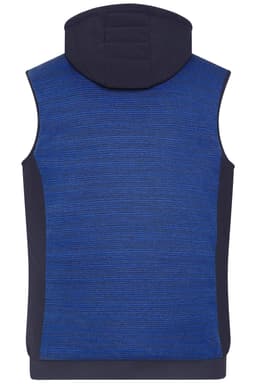 A blue men's padded hybrid vest with a hood and contrasting dark side panels, featuring a logo.
