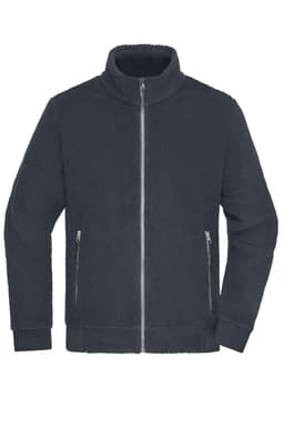 A grey Sherpa jacket with a high collar, zip fastening, and two side pockets. Features a logo.