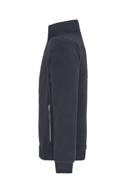A Sherpa jacket in dark grey, featuring a high collar and a zippered side pocket. Includes branding details.