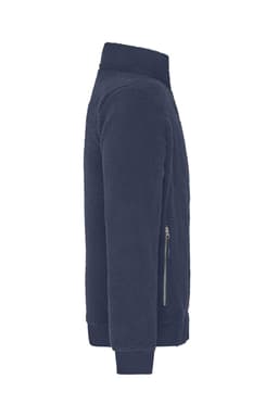 A polar fleece jacket in navy blue, featuring a high collar and a zippered side pocket. It has a logo on it.