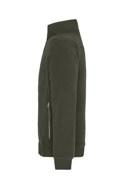 A polar fleece jacket in dark green with a zip pocket and high collar. It features a logo on the side.