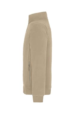 A beige Sherpa Jacket with a zippered pocket, featuring a soft polar fleece texture and a stand-up collar.