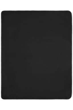 A black fleece blanket with a stitched edge. It features a logo in one corner.