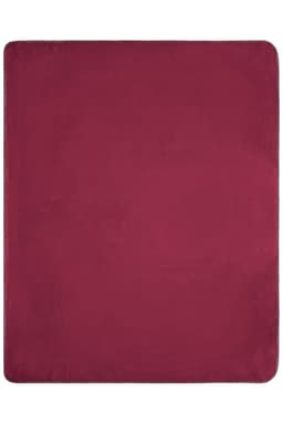 A fleece blanket in a deep burgundy colour with a smooth texture and stitched edges.
