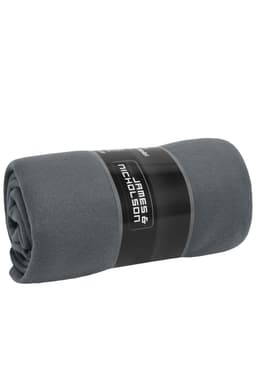 A rolled grey fleece blanket with a label featuring a logo, showcasing soft, textured fabric.