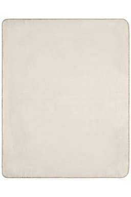 A beige fleece blanket with a smooth texture and a subtle border, featuring a logo in one corner.