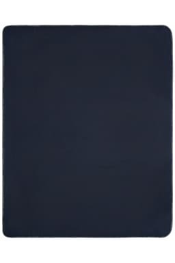 A dark navy fleece blanket with a smooth texture and stitched edges. It features a simple, solid colour design.