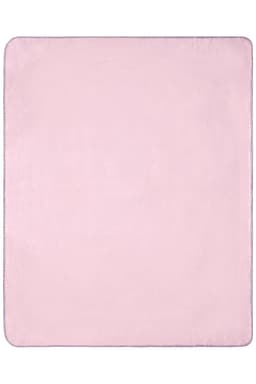 A soft pink fleece blanket with a smooth texture and a rounded edge. It features a logo in one corner.
