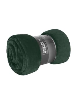 A rolled dark green microfibre fleece blanket, featuring a black branding label.