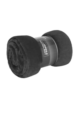 A rolled black microfibre fleece blanket with a branded label.