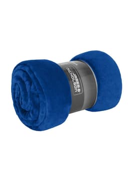 A blue microfibre fleece blanket rolled neatly, featuring a branded sleeve.