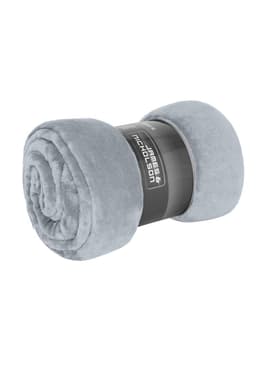 A rolled microfibre fleece blanket in soft grey, featuring a branded packaging label.