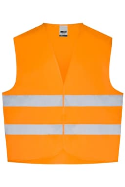 A bright orange safety vest featuring two reflective white stripes and a logo on the label.