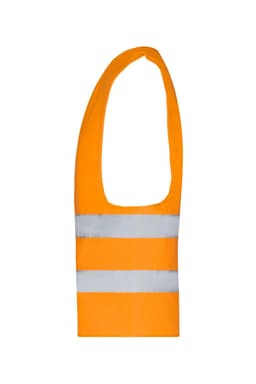 An orange safety vest featuring reflective strips and a logo. The vest has a sleeveless design for visibility.