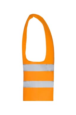 An orange safety vest with two reflective strips and a sleeveless design. It features a logo on the front.