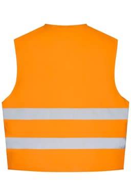 An orange safety vest with two reflective grey stripes, featuring a back view design.
