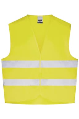 A bright yellow safety vest featuring two reflective white stripes and a label at the neckline.