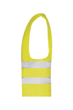 A bright yellow safety vest with reflective strips, designed for visibility and safety in various environments.