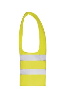 A bright yellow safety vest featuring reflective stripes and a sleeveless design. It has a logo on it.