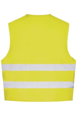 A yellow safety vest featuring reflective white stripes and a plain back design. It includes a branding logo.