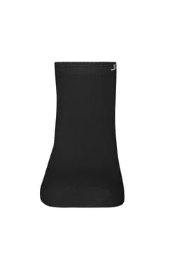A pair of black sneaker socks with a logo on the side, featuring a classic ribbed design.