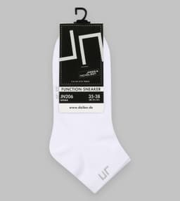 A pair of white sneaker socks with a logo, displayed with a black and white tag for the "Function Sneaker Socks" product.