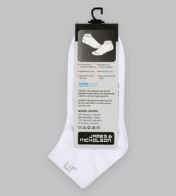 A pair of white sneaker socks with a tag. The socks feature a small logo and are made from moisture-wicking material.