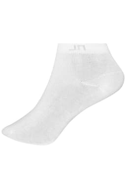 A pair of white sneaker socks with a small logo. The socks are designed to fit just above the ankle.