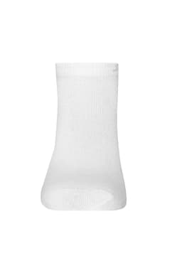 White sneaker sock with a ribbed cuff and smooth texture, featuring a small logo on the side.