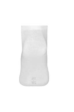 A pair of white sneaker socks with a smooth texture and a logo near the ankle.