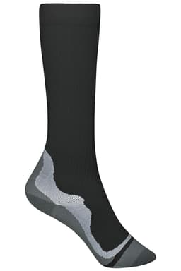 A pair of black compression socks with grey detailing, featuring a fitted design and a logo on the side.