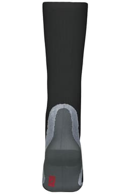 A pair of black compression socks with grey detailing and a logo at the top.