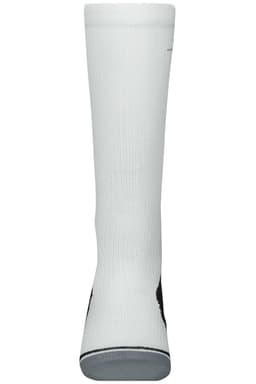 A pair of white compression socks featuring black accents and a logo on the side.