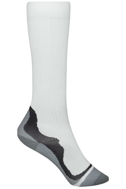 A pair of white compression socks with grey design elements and a logo on the side.