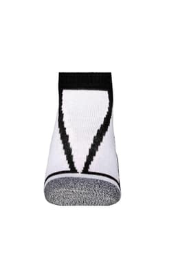 A pair of white sneaker socks with a black pattern and a logo on the cuff.