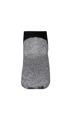 A pair of sneaker socks in grey with a black cuff, featuring an underlying logo.