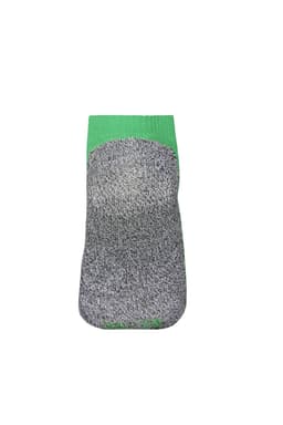 A pair of sneaker socks featuring a grey body and a bright green cuff, with a logo on the side.