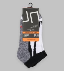 Sneaker socks in grey, black, and white, featuring a logo and a packaging label, suitable for unisex sizes 35-38.