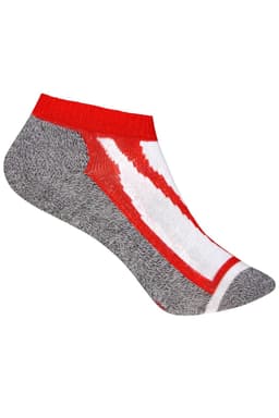 A pair of grey and red sneaker socks featuring a distinctive design and a logo on the side.