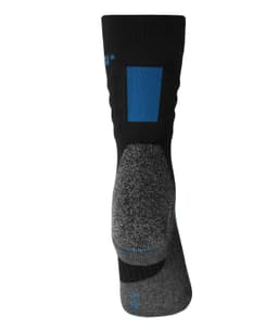 A pair of black and grey work socks featuring a blue accent and branding.