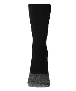 Black and grey work socks with a logo, featuring a ribbed design and a cushioned sole.
