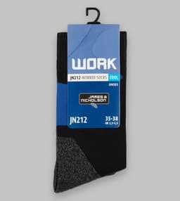 A pair of black and blue worker socks with grey accents, packaged with a brand label.